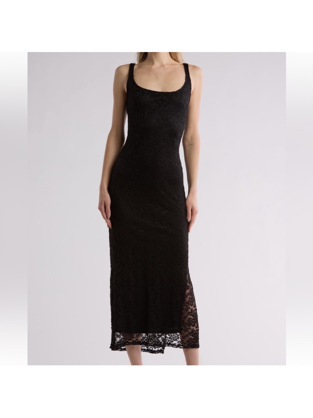 bebe Black Lace Tank Maxi Dress with Sheer Hem